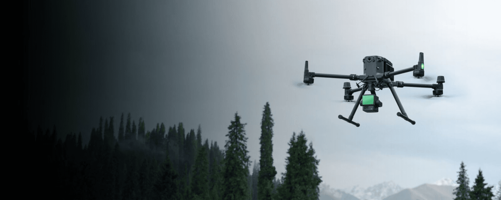 Drone flying above a forest canopy