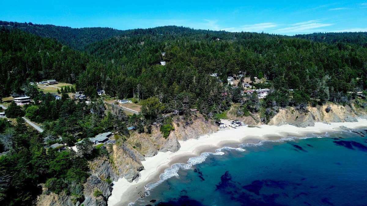 Aerial view of a forested coastal hillside with scattered homes above a white sand beach cove and turquoise water.
