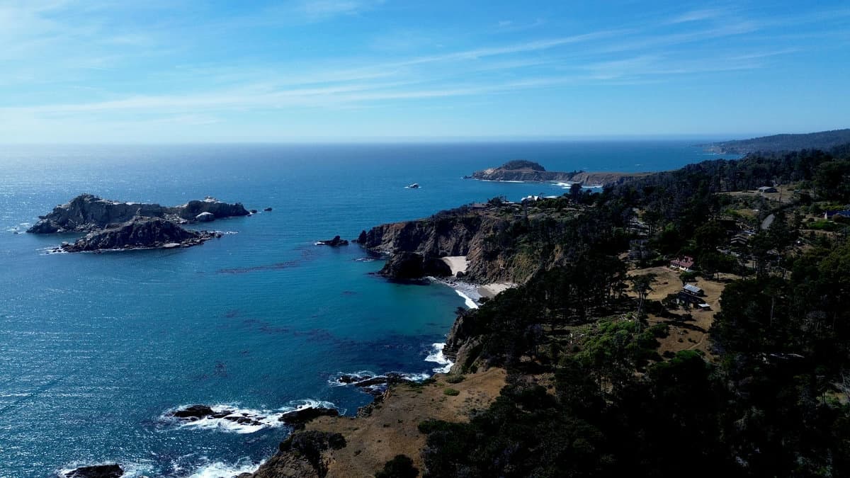 Aerial view of rocky offshore sea stacks and a forested coastal headland dotted with homes.