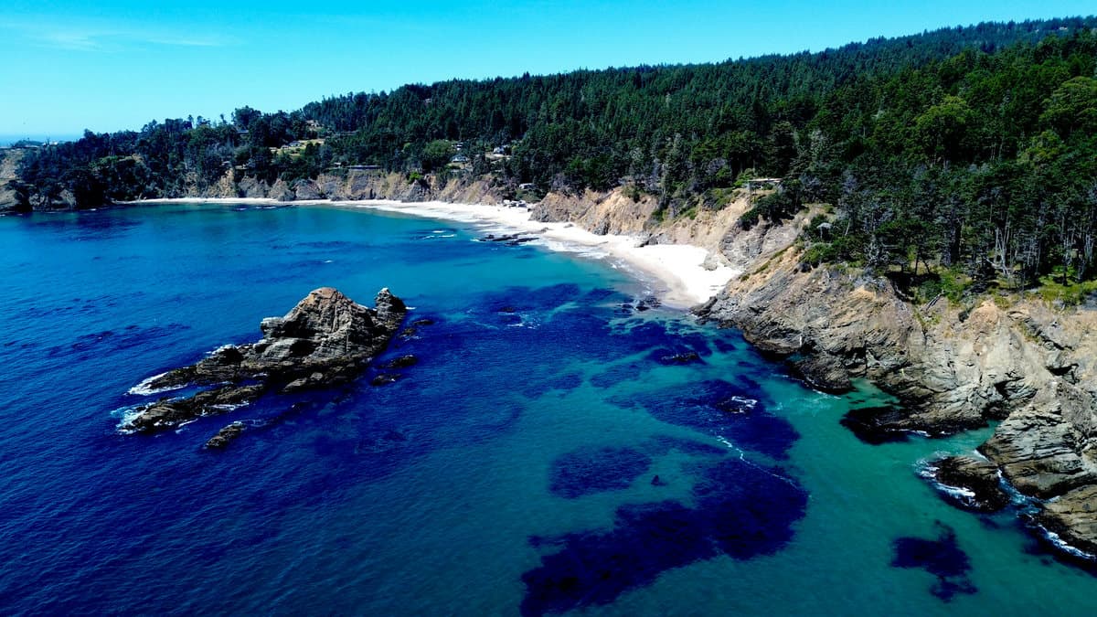 Aerial view of a coastal cove with a large rock sea stack, white sand beach, and forested shoreline.