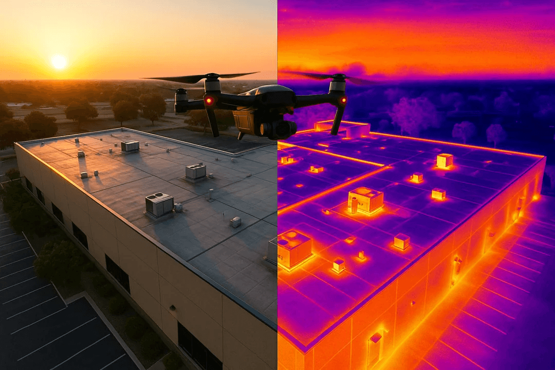 Split visible-light and thermal image of a commercial roof inspection